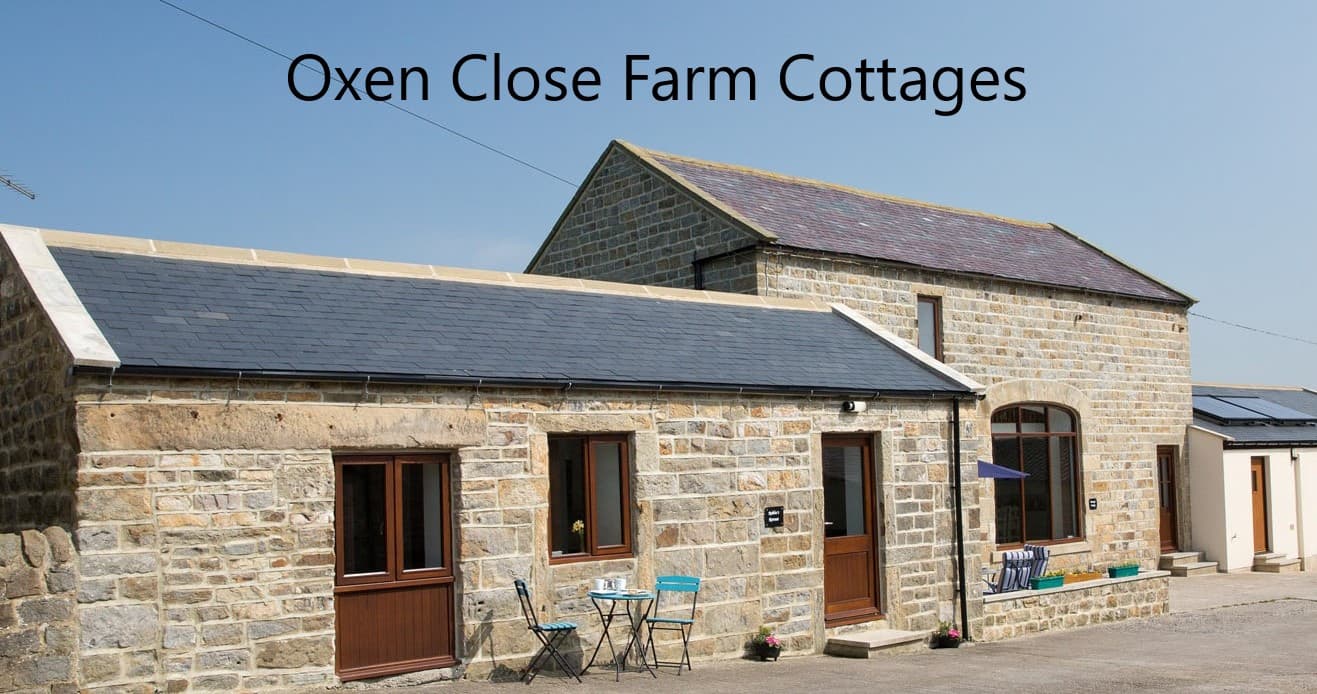 Stone cottages with a slate roof, outdoor seating area, and clear blue sky at Oxen Close Farm Campsite.