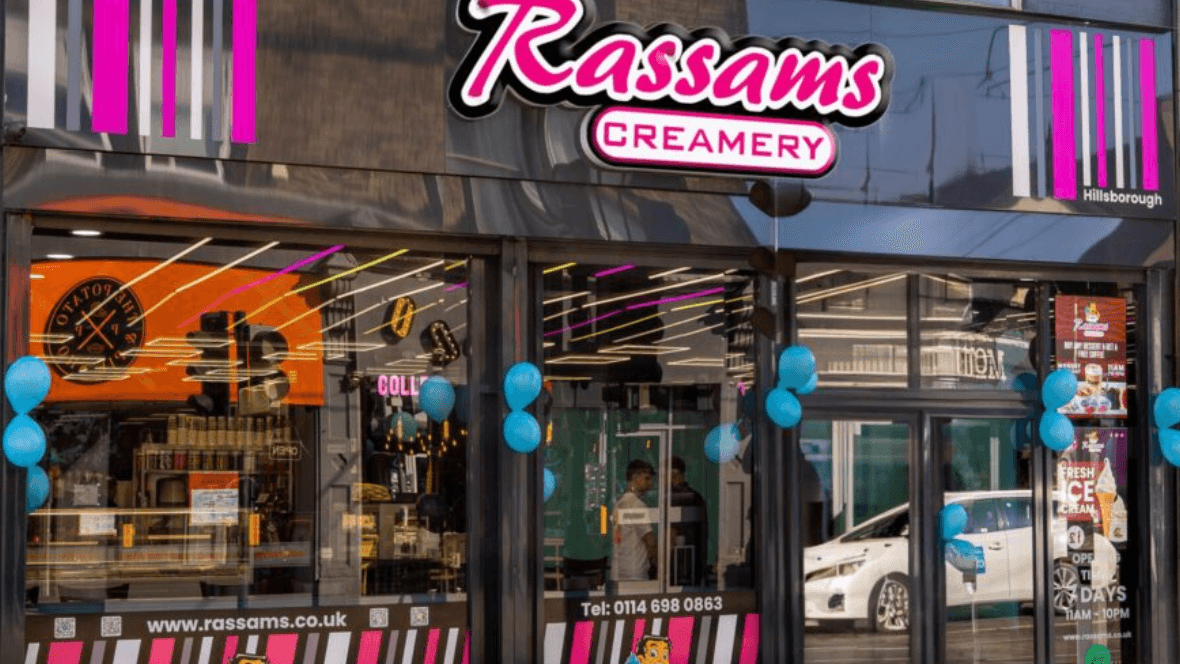 Modern ice cream parlor exterior with colorful signage