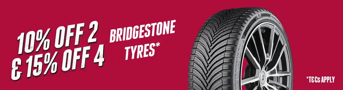 Bridgestone tire on red background with discount offer