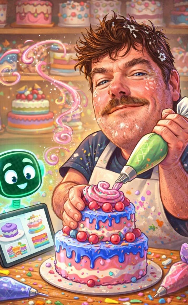 Whimsical bakery scene with a baker decorating a colorful cake