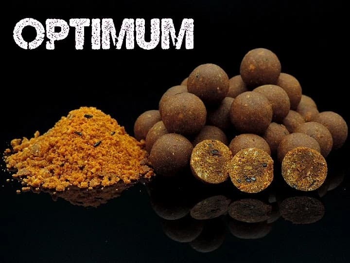 Brown bait balls and powder labeled "OPTIMUM" on a black background.