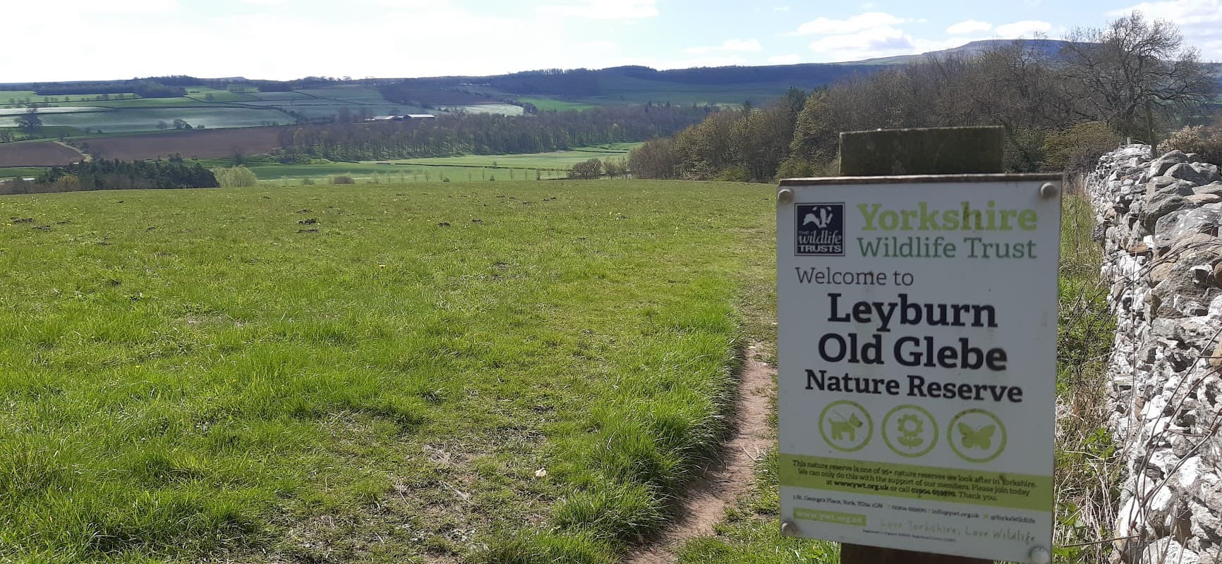 Sign for Leyburn Old Glebe Nature Reserve with a scenic view of green fields and rolling hills in the background.