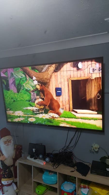 A bear animatedly interacting with a tree and a cabin in a colorful forest setting on a large TV screen.