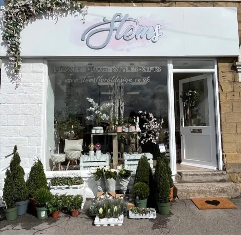 Florist shopfront with "Stems" sign, potted plants, flowers, and decorative items displayed outside in Wickersley.