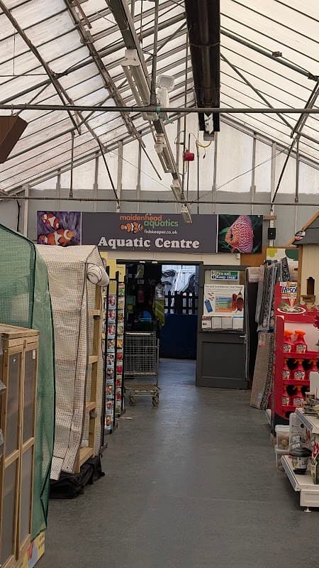 Entrance to Maidenhead Aquatics York, featuring shelves of pet supplies and a sign for the Aquatic Centre.