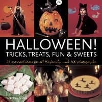 Halloween book with pumpkin carving, witch costume, cat costume, marshmallows, caramel apples, and witch cupcakes.