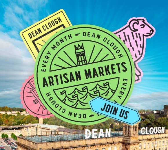 Colorful logo for the Artisan Market at Dean Clough, Halifax, featuring illustrations of a tower and sheep against a vibrant background.