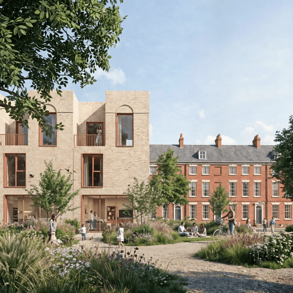 Modern brick building beside historic red-brick Georgian houses