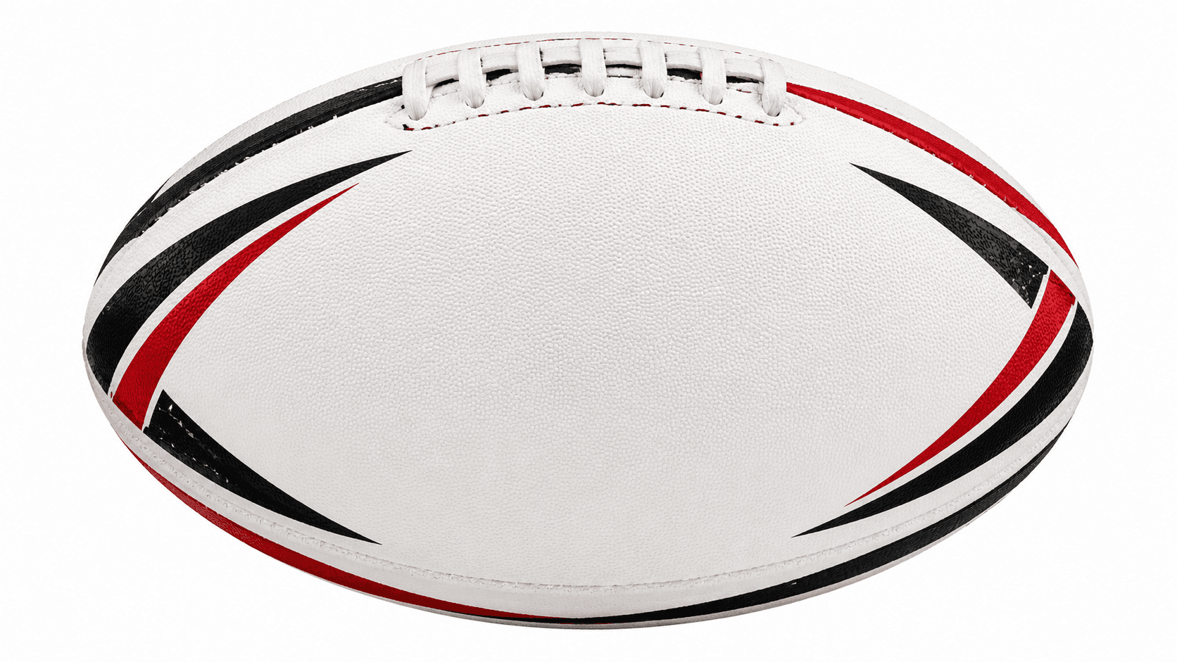 Close-up of a white rugby ball with black and red stripes