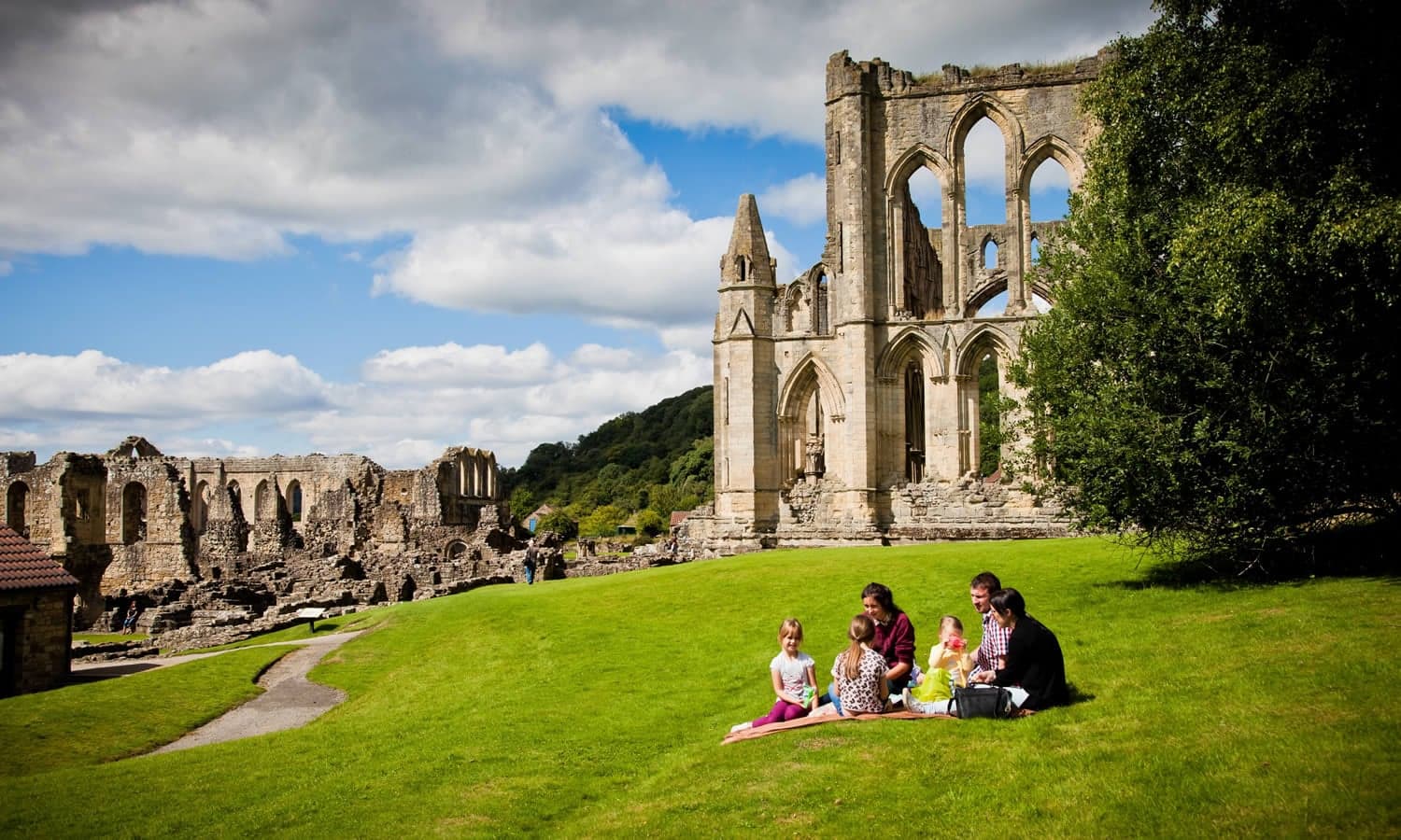 Ruins of Rievaulx Abbey with arched windows, stone walls, and a grassy foreground under a partly cloudy sky.