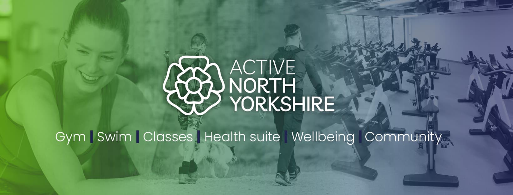 Active North Yorkshire logo with gym equipment, fitness classes, and wellness activities in a vibrant, inviting space.