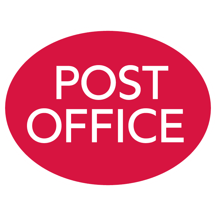 Red oval sign with bold white text reading "POST OFFICE".