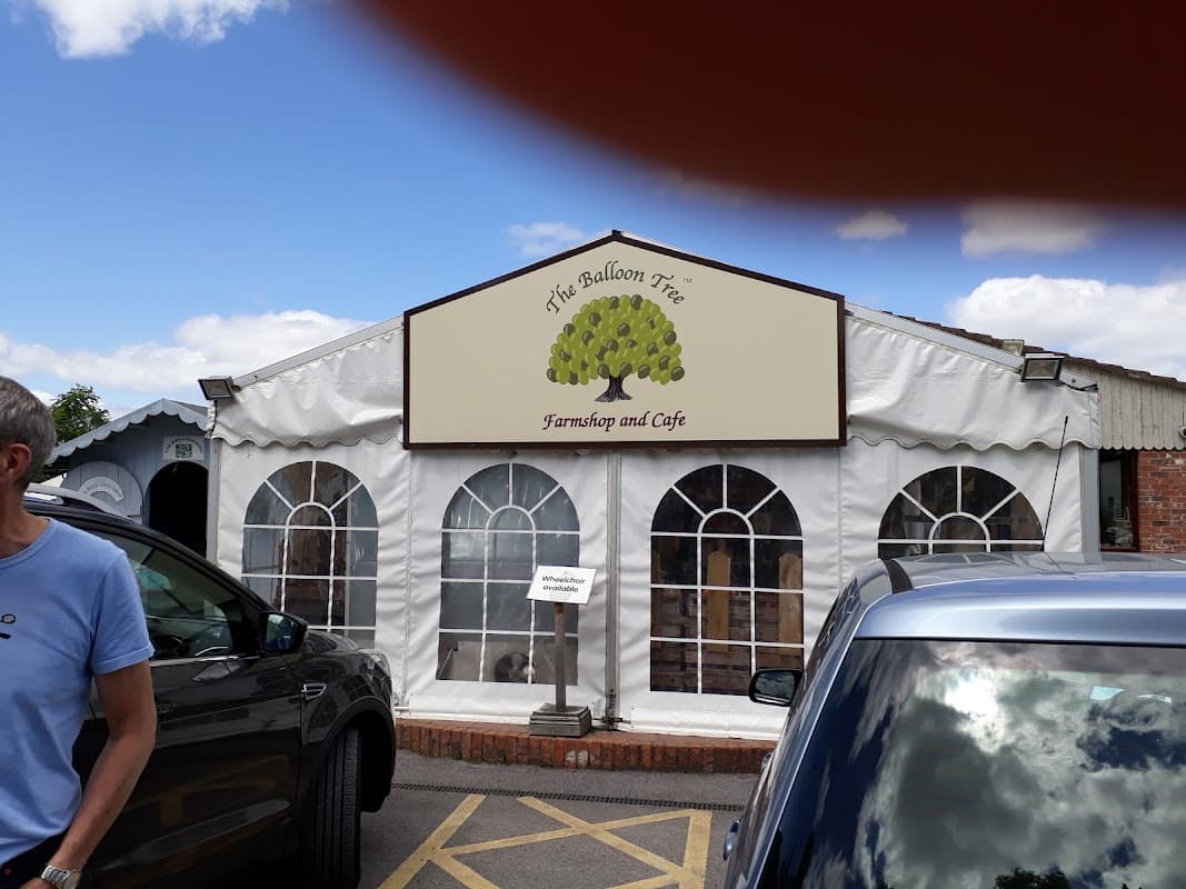 The Balloon Tree Farmshop & Cafe with a large tree sign, arched windows, and parked cars outside in Gate Helmsley.