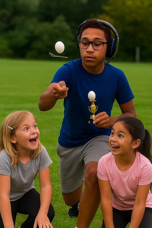A boy balances an egg on a spoon while two girls cheer him on, all on a grassy field.