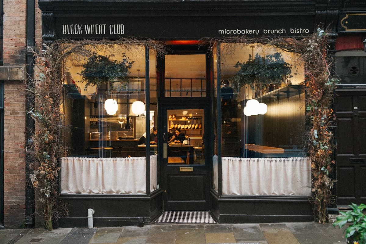 Charming bakery with large windows, hanging plants, and soft lighting, featuring a cozy atmosphere in York.