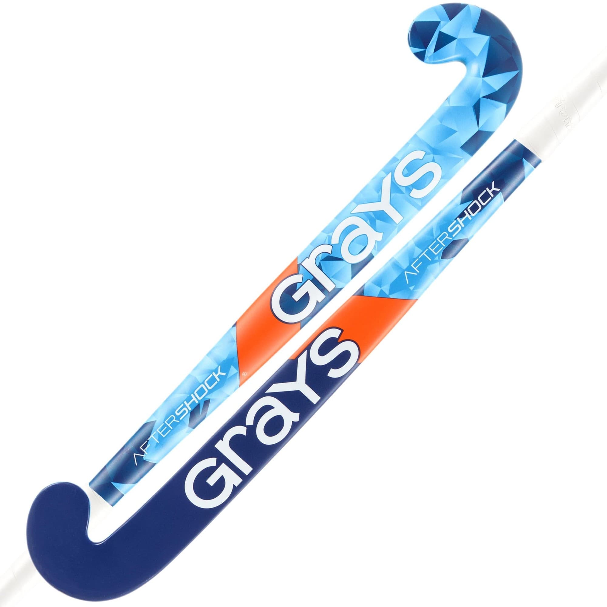 Blue and white junior hockey stick with a curved ultrabow design, featuring a geometric pattern and "Grays Aftershock" branding in vibrant orange and blue colors.