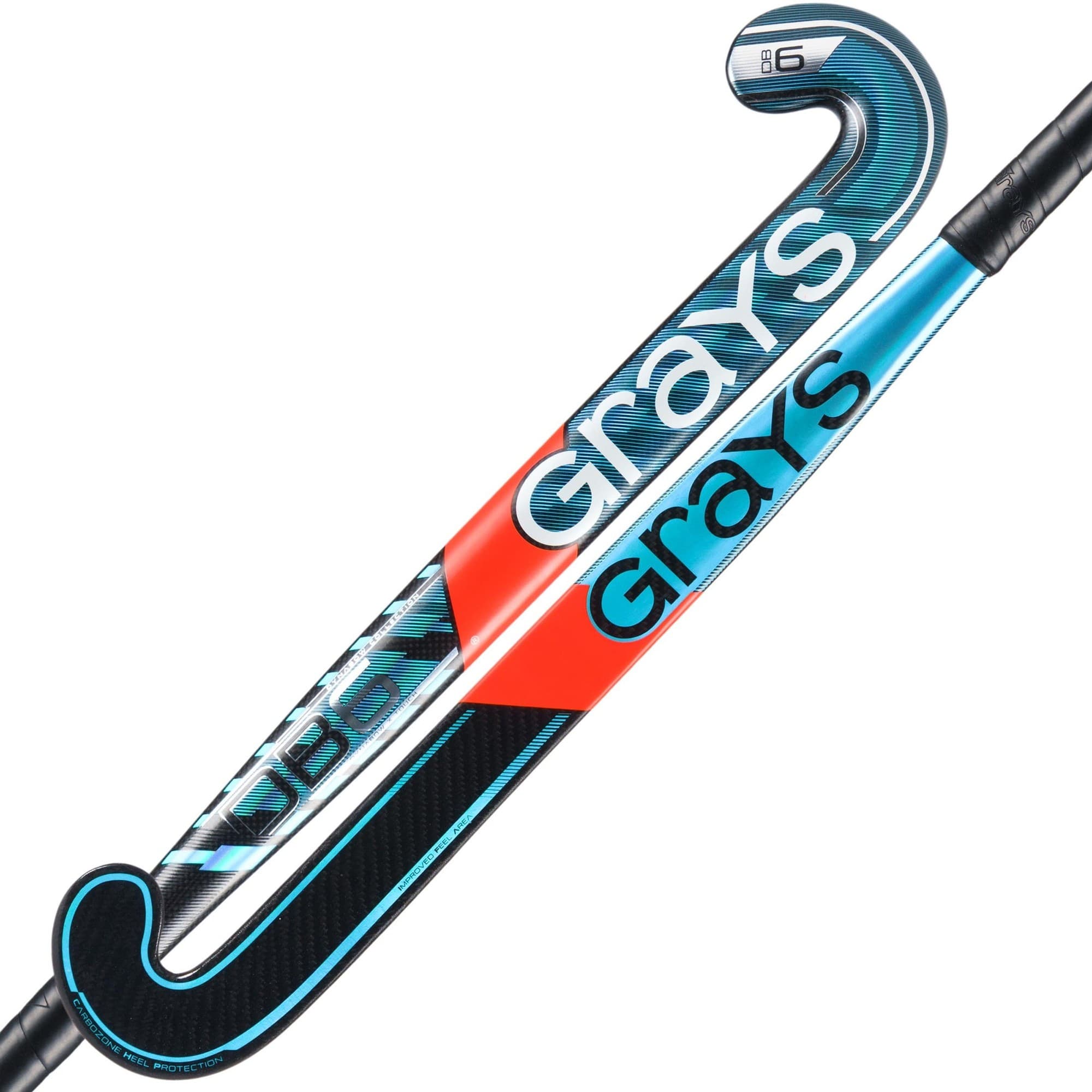 Black composite hockey stick featuring a curved design, with vibrant blue and red accents and the "Grays" logo prominently displayed along the shaft.