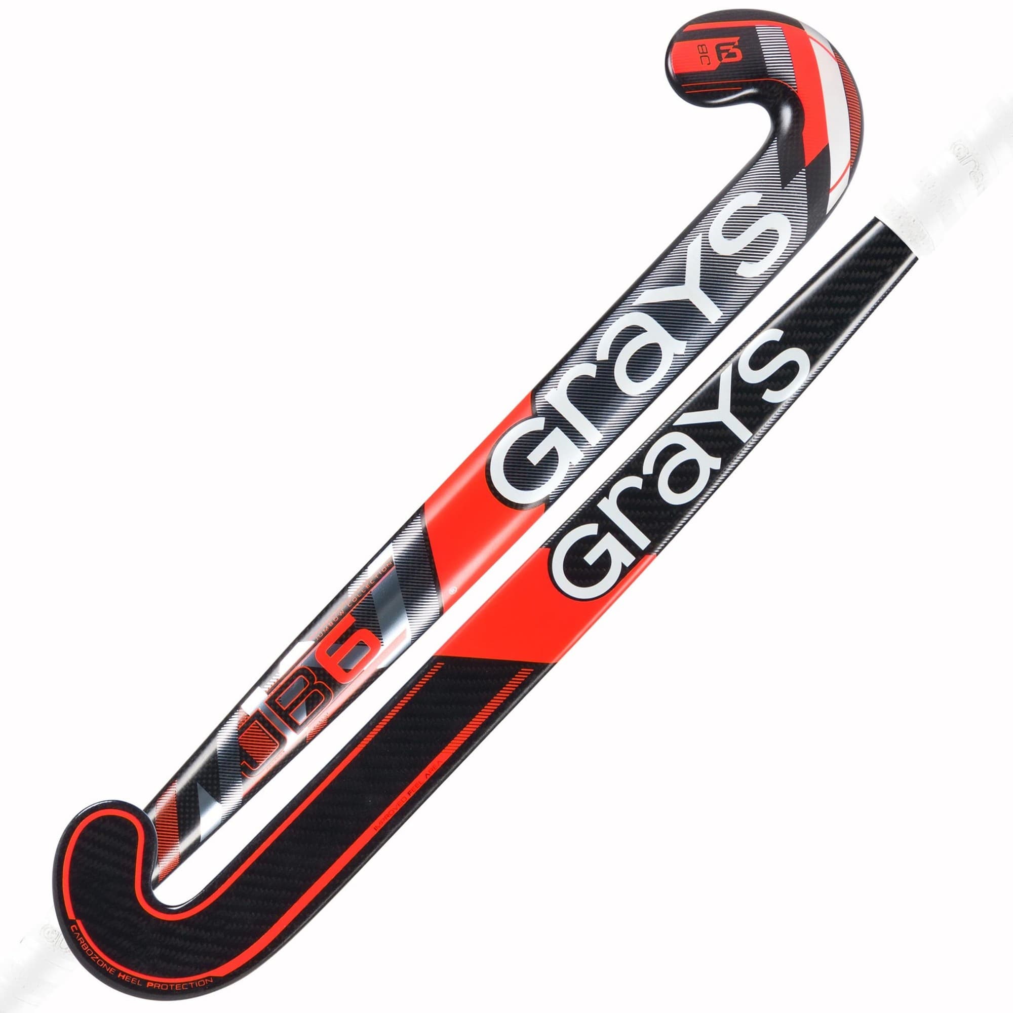 Red and black composite hockey stick featuring the Grays logo, with a curved hook and sleek design, ideal for junior players.