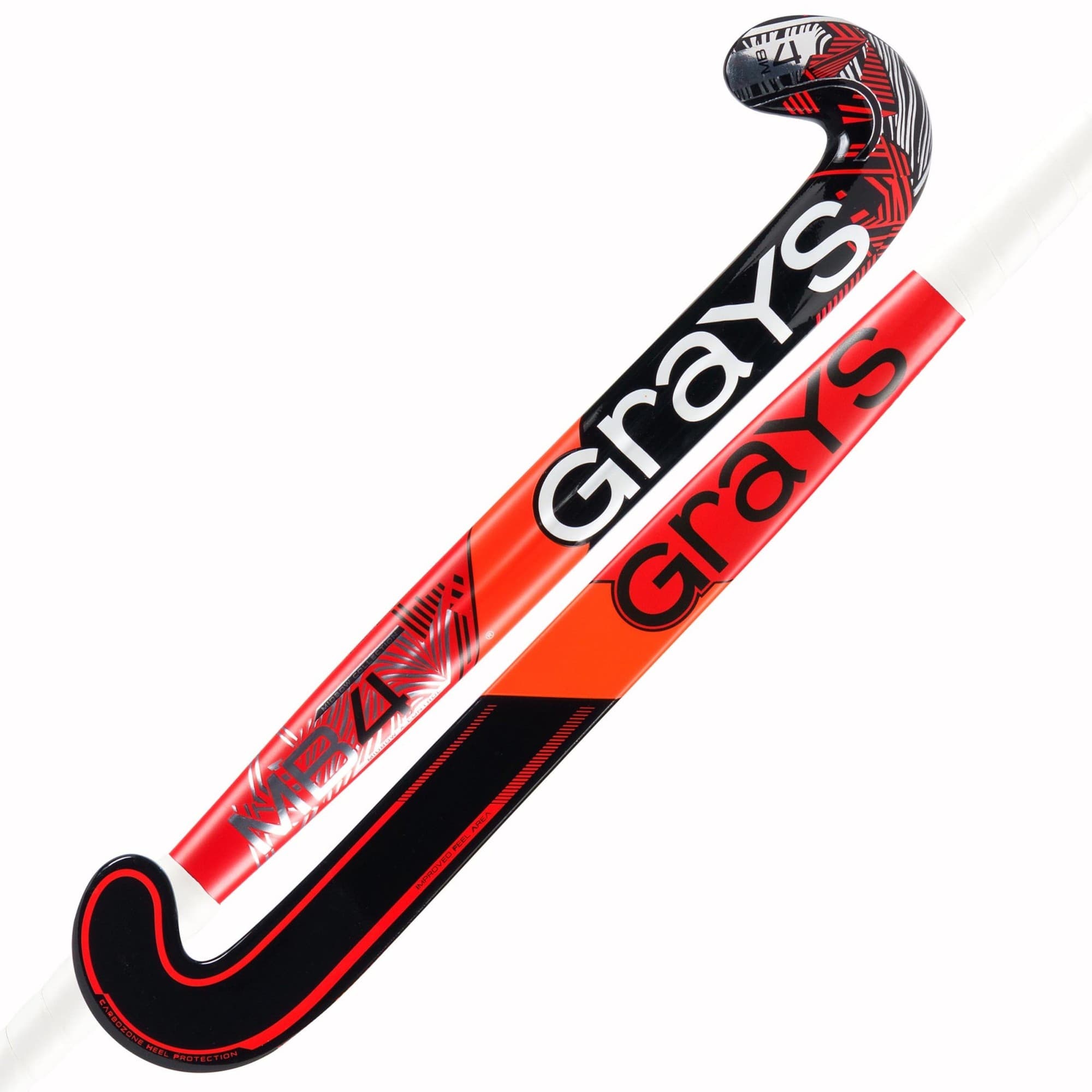 Black composite hockey stick with red and white accents, featuring a curved blade and bold "Grays" branding on both sides, designed for junior players.