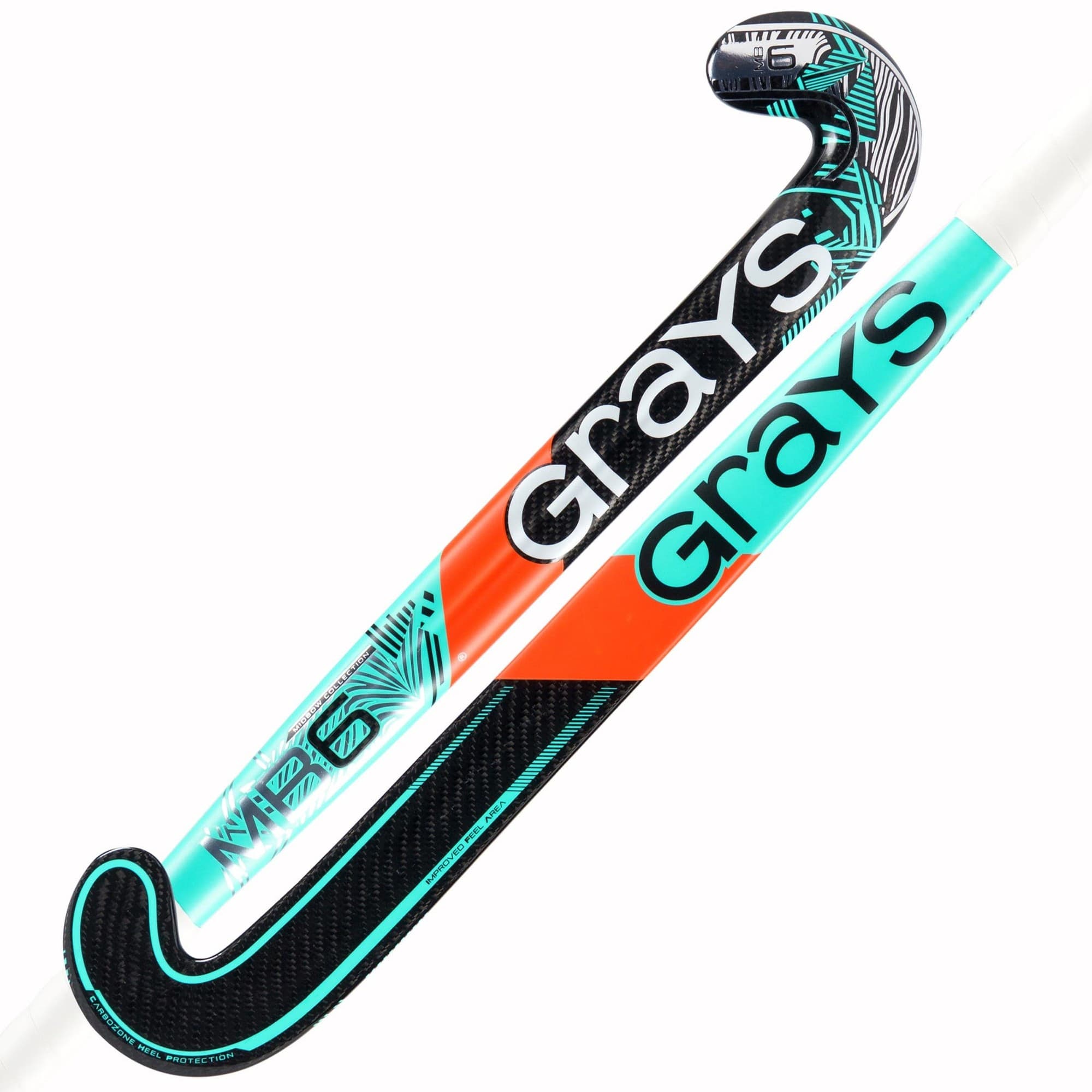Black composite hockey stick with turquoise and orange accents, featuring a curved design and textured grip, labeled "Grays MB 6 Junior" on the shaft.