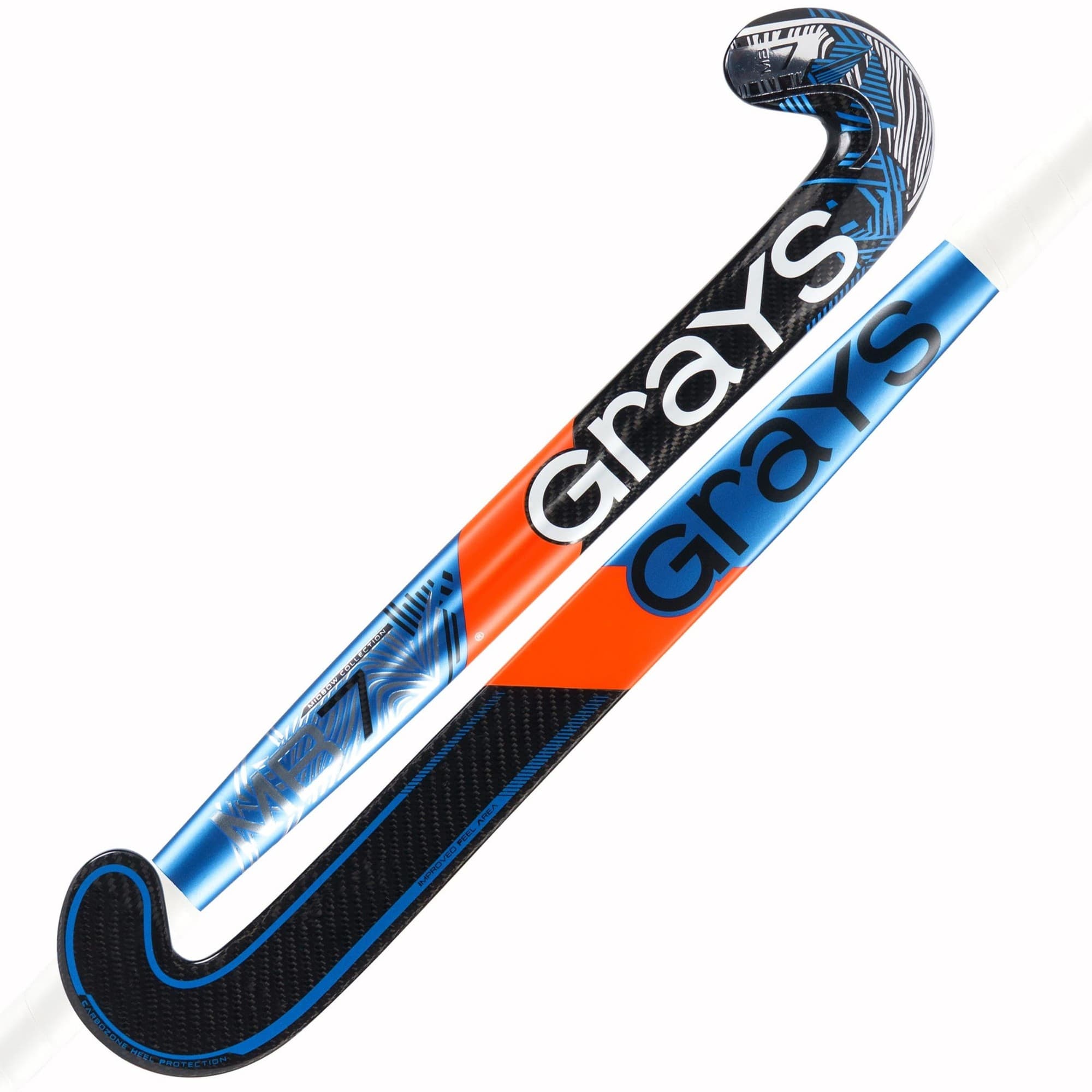 Black composite hockey stick featuring a sleek design with vibrant blue and orange accents, prominently displaying the "Grays" logo on both sides.