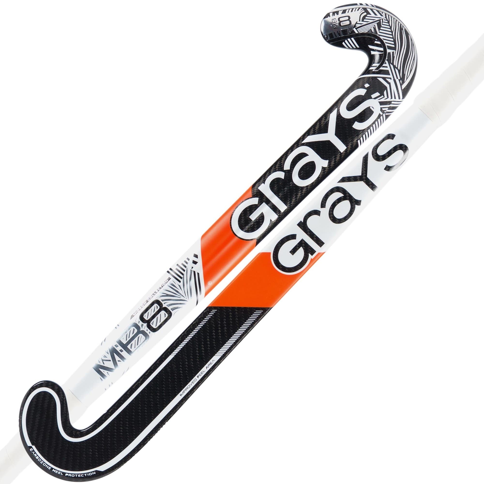 Black composite hockey stick with white and orange accents, featuring a curved blade and textured grip, designed for enhanced performance by Grays Hockey Sticks.