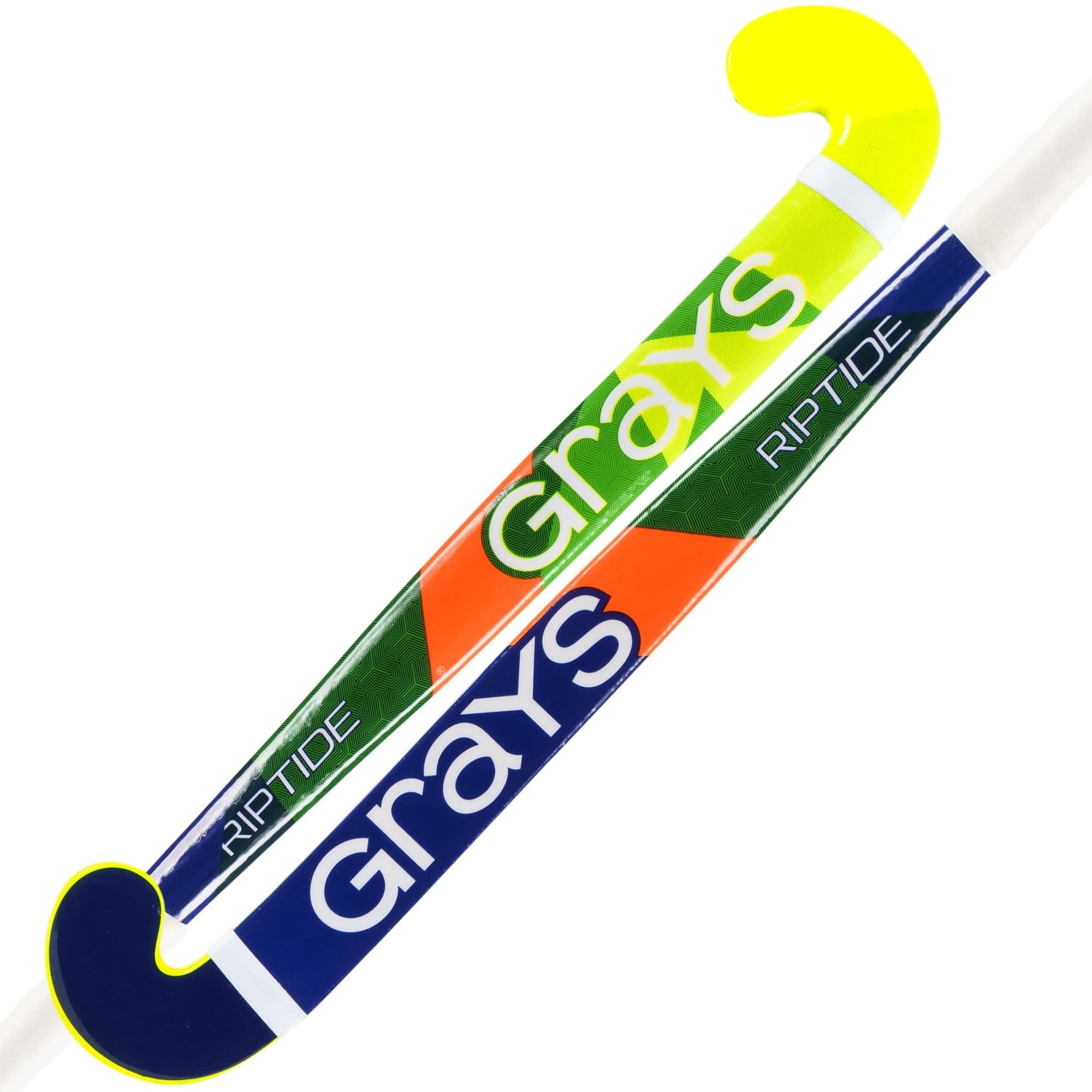 Grays Riptide Ultrabow Junior Hockey Stick features a vibrant design with green, orange, and blue colors, a curved ultrabow shape, and a lightweight composite material.