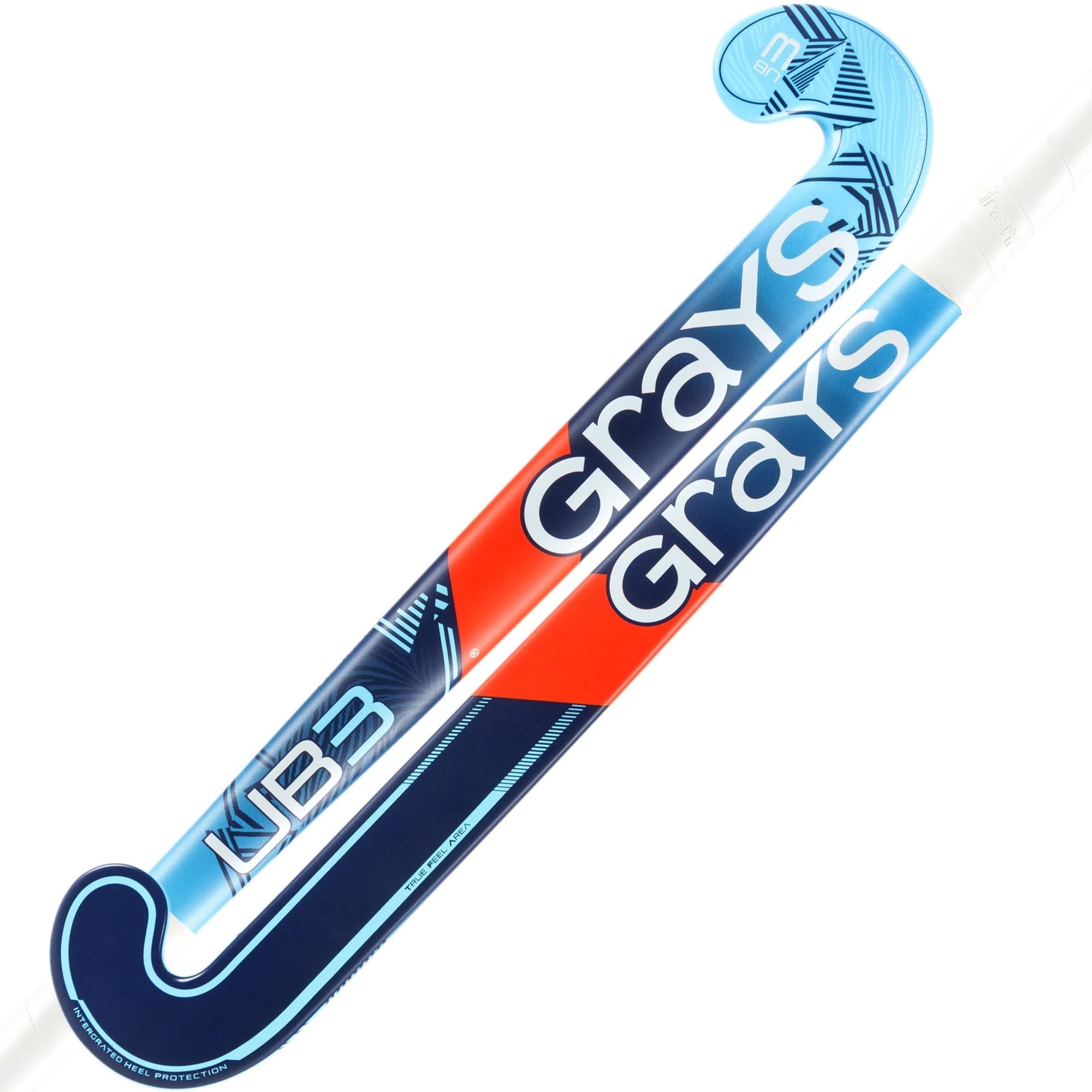 Blue and red composite hockey stick featuring a curved design, with "Grays" logo prominently displayed in white and blue on the shaft, designed for junior players.