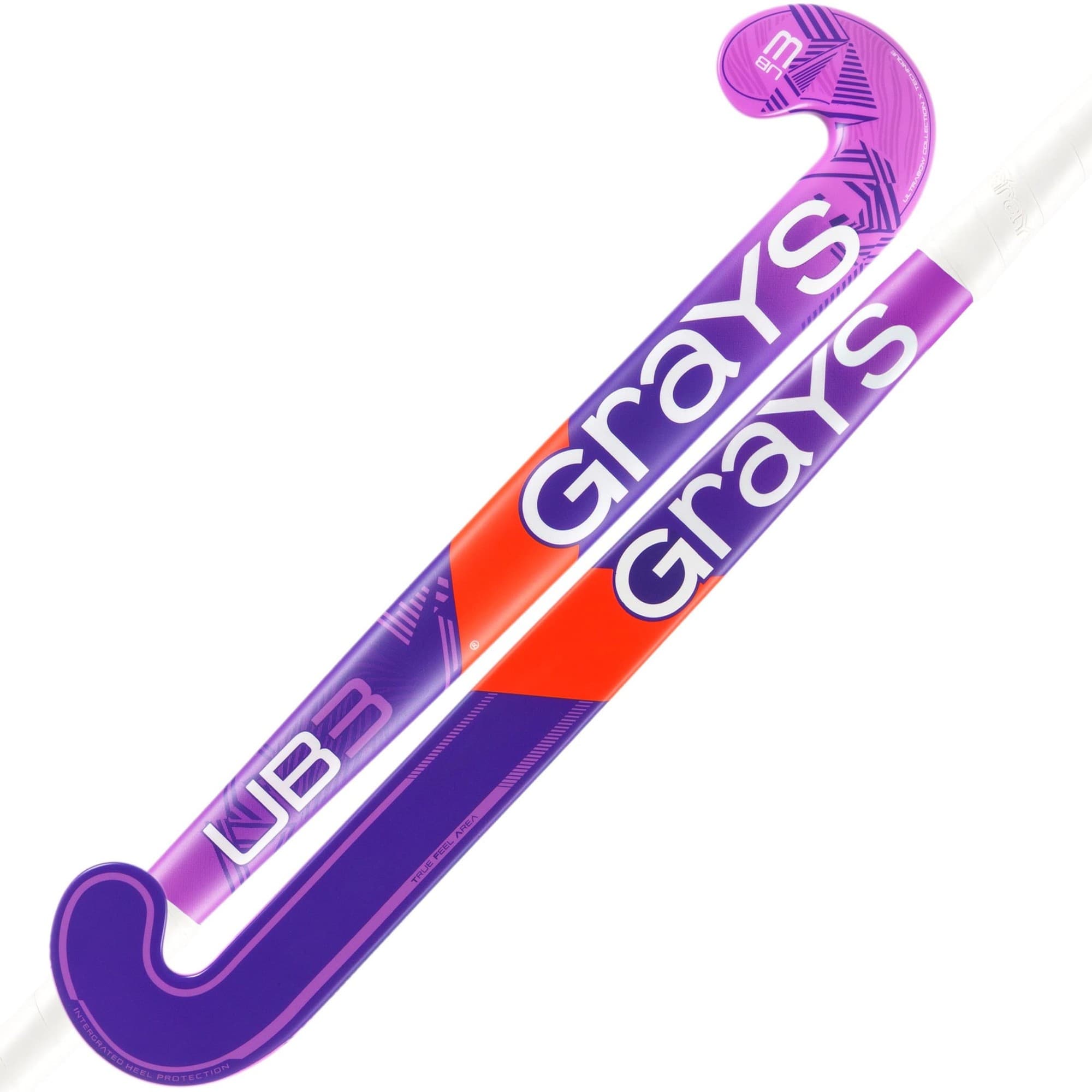 Purple and orange composite hockey stick featuring "Grays" branding, with a curved design and a textured grip for enhanced control, ideal for junior players.