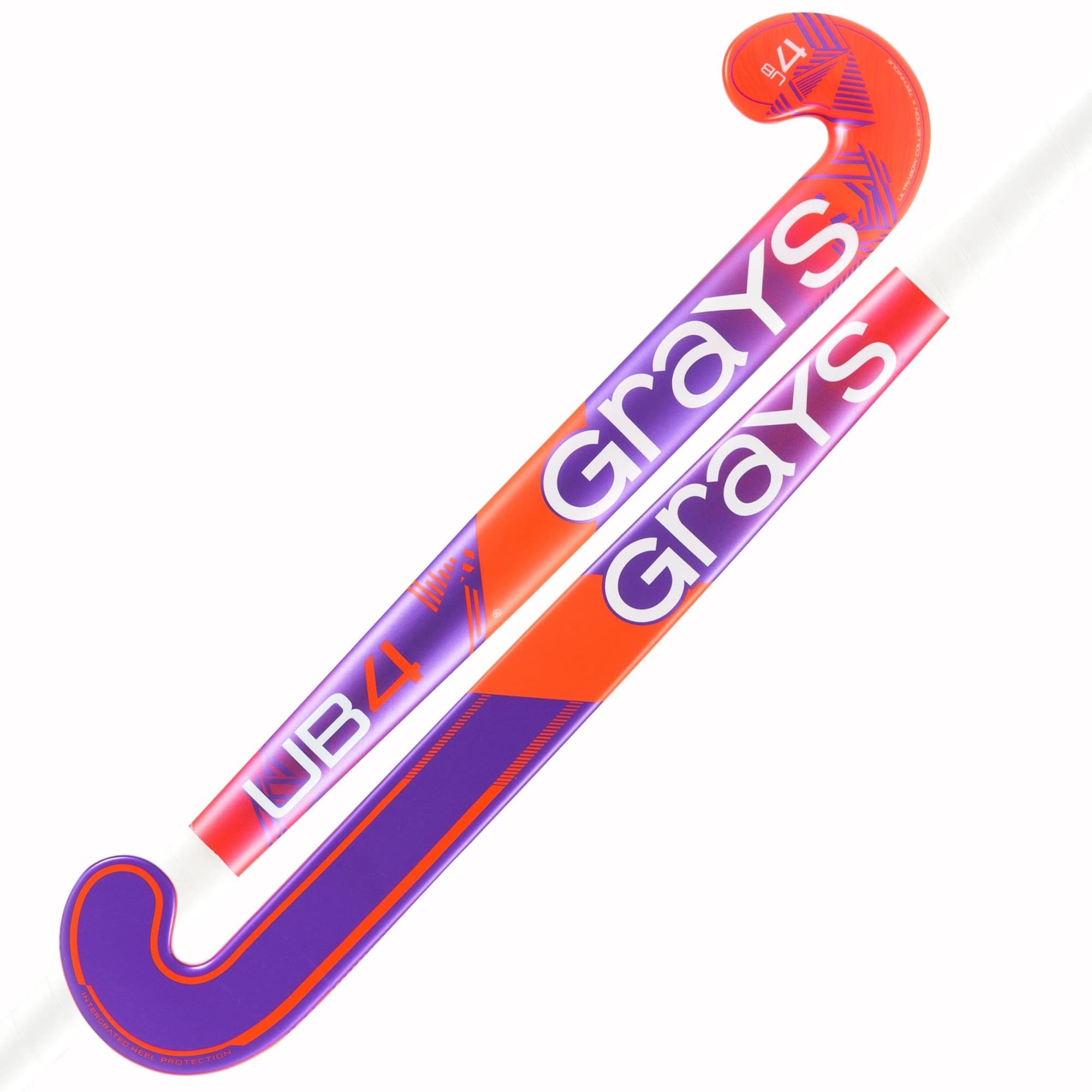 Purple and orange composite hockey stick featuring "Grays" branding and "UB 4" model designation, designed for junior players with a curved blade for enhanced control.