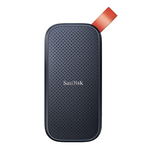 Compact black SanDisk portable 1TB SSD with a textured surface, featuring a red loop for easy attachment, ideal for fast data storage and transfer.