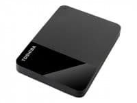 Toshiba Canvio Ready 4 TB external hard drive in sleek black with a glossy surface, featuring a Micro-USB B 2.0/3.2 Gen 1 port for connectivity.