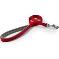 Red Ancol Viva Padded Snap Lead, 19mm wide, with a grey padded handle and a silver metal clip.