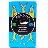 Fish 4 Ever sardines in blue box with yellow fish design, labeled "Sardines in Organic Sunflower Oil" 125g.