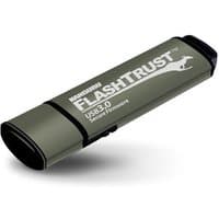 Olive green iStorage Kanguru FlashTrust USB 3.0 16GB flash drive with black accents and secure enclosure.