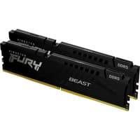 Black Kingston FURY Beast 32GB DDR5 memory kit, two DIMMs with sleek heat spreaders and white branding.