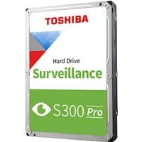 Toshiba S300 Pro 10TB internal hard drive, silver casing, green and white label with surveillance branding.