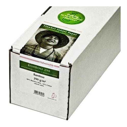 White box containing Hahnemühle Bamboo FineArt inkjet paper, 24 inches wide and 12 meters long, with a label featuring a woman in a hat and details about the paper's composition.