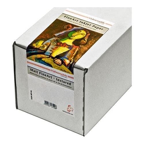 White box with a colorful label featuring an artwork, labeled "Hahnemühle German Etching," indicating 17in size, 12m length, and 310gsm textured paper.