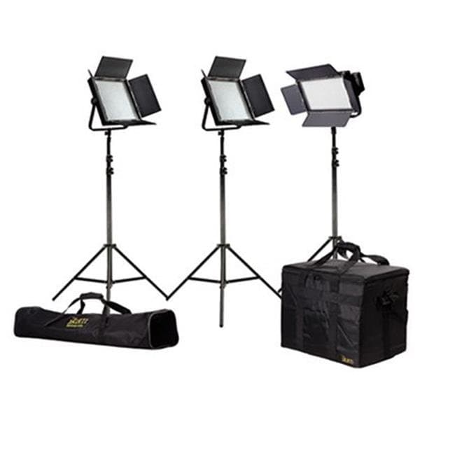 Black stand bag with IKAN branding, designed to hold lighting equipment, accompanied by two adjustable light stands and softbox lights, all in a compact setup.