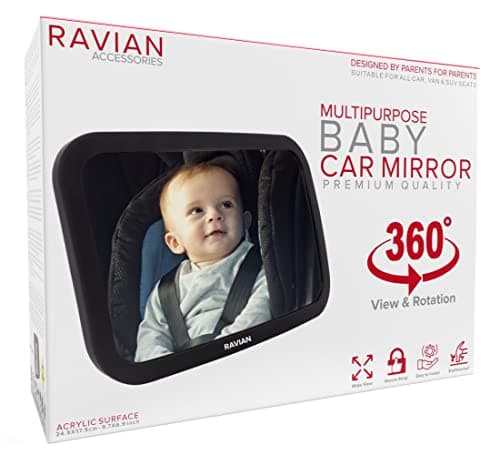 Black rectangular baby car mirror with a shatterproof acrylic surface, featuring a clear view for rear-facing infants, adjustable for 360-degree rotation, packaged in a colorful box.