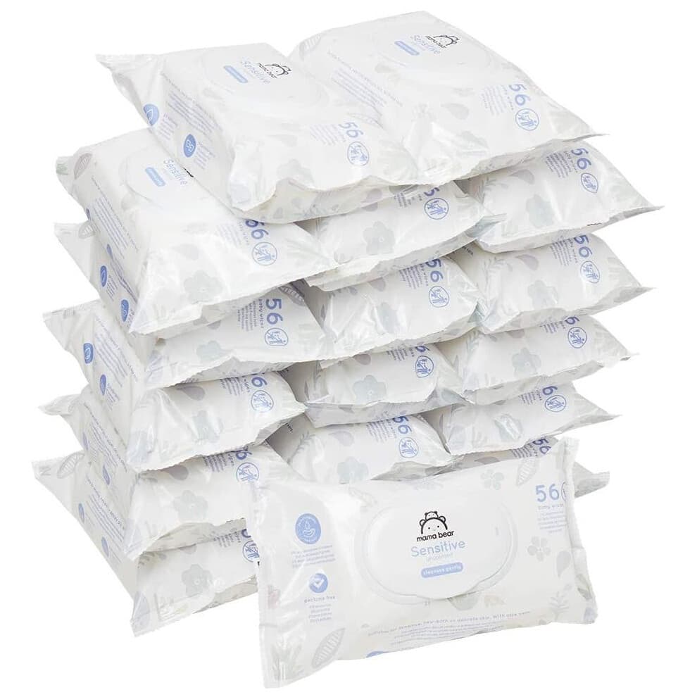 Stack of Mama Bear Sensitive Unscented Baby Wipes packs, featuring a light blue and white design, labeled "Sensitive" with aloe vera, suitable for sensitive skin, totaling 1008 wipes.