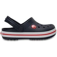 Navy Crocs toddler clog with red and white stripe, perforated toe box, and adjustable heel strap, size Infant 9.