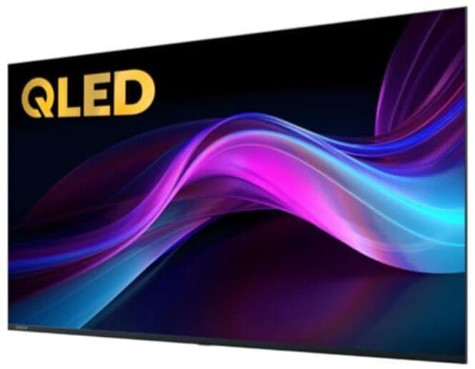 75-inch LED-backlit 4K UHD LCD display with a sleek black frame, featuring vibrant colors and smooth curves in a dynamic wave design, labeled with "QLED" in bold gold letters.