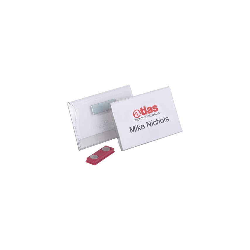 Clear plastic name badge holder with a magnetic backing, measuring 1/8" W by 2-3/16" H, includes a red magnetic strip, packaged in a set of 25.