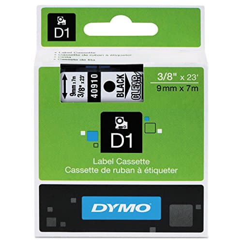 Black D1 tape cassette by Dymo, measuring 9mm x 7m, packaged in a green box with clear labeling and a logo, designed for labeling applications.