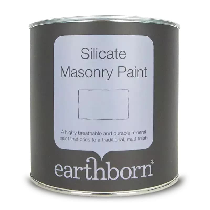 Earthborn Silicate Masonry Paint in a 10L tin, featuring a matte finish label with a simple design, predominantly black with a white text box and the Earthborn logo.