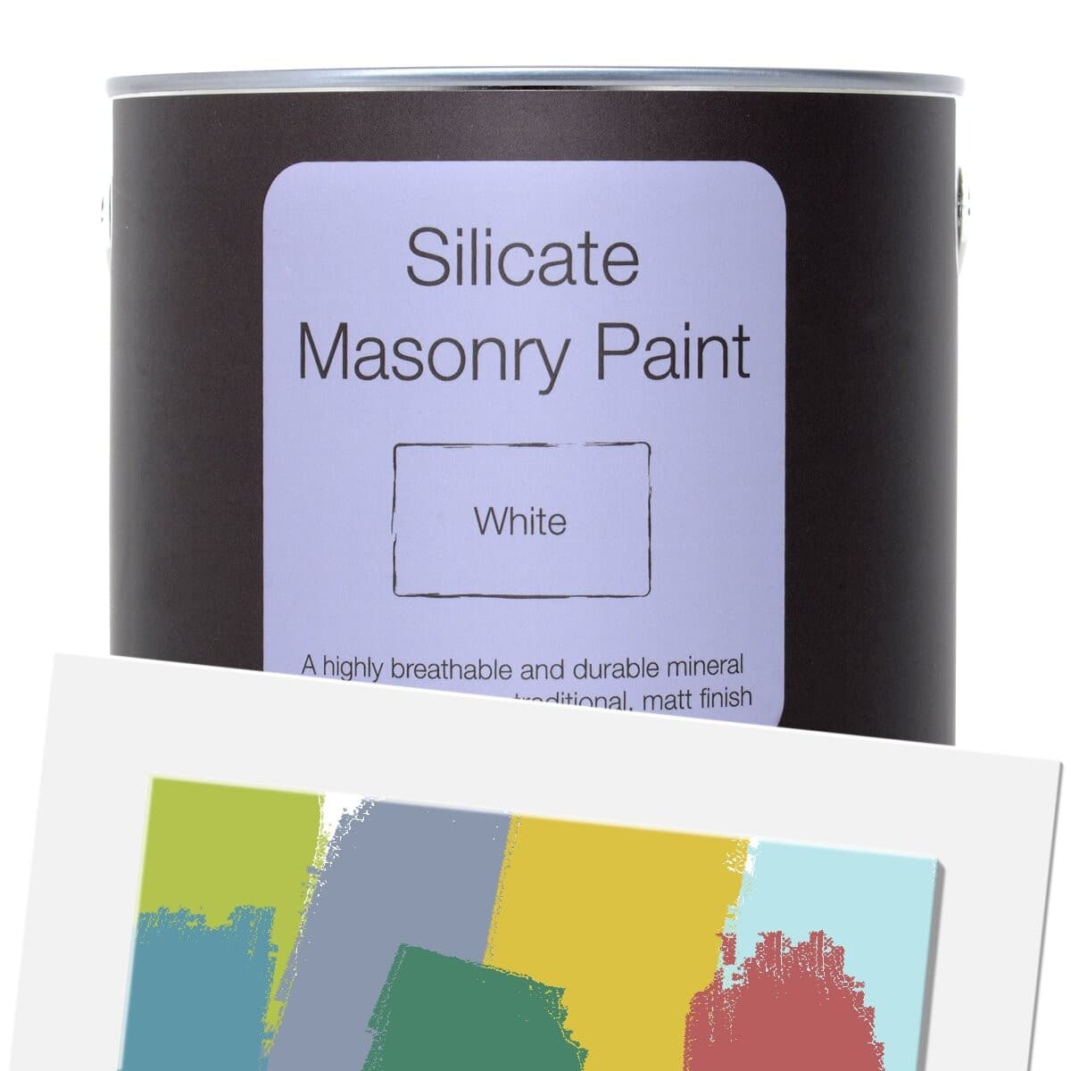 Earthborn Silicate Masonry Paint in a 2.5L tin, featuring a black container with a lavender label, labeled "White," alongside color swatches in green, blue, and yellow.