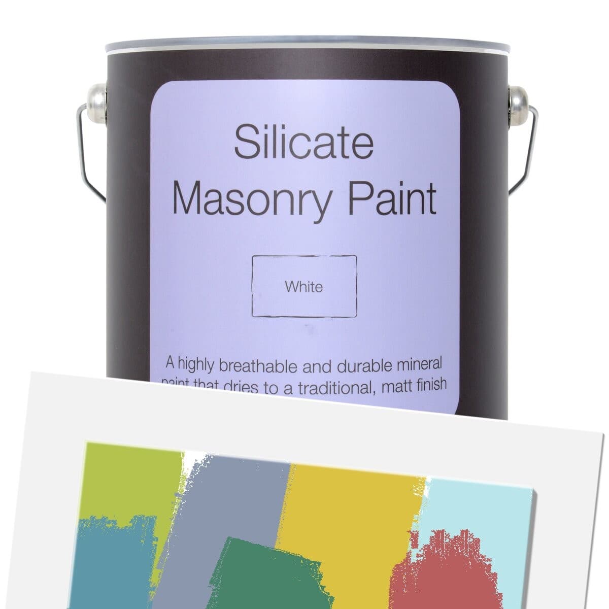 5L black paint can labeled "Silicate Masonry Paint" in light purple, featuring a matte finish description and a color swatch of various shades including blue, green, and yellow.