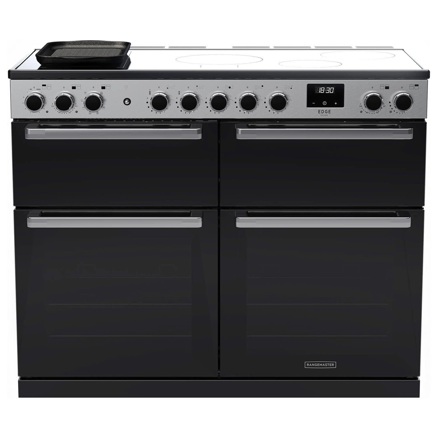Black glass and chrome 110cm induction range cooker featuring five cooking zones, a digital display, and four oven compartments with stainless steel handles.